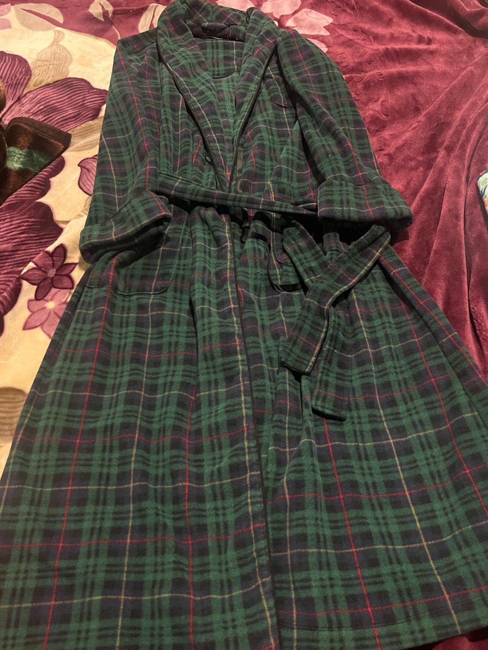 Vintage Polo Ralph Lauren Robe Mens Green Plaid Flannel Polyester Belted Cozy M